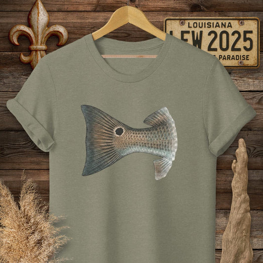 S / Heather Military Green Louisiana Redfish Tail T-Shirt by Laissez Faire Wear