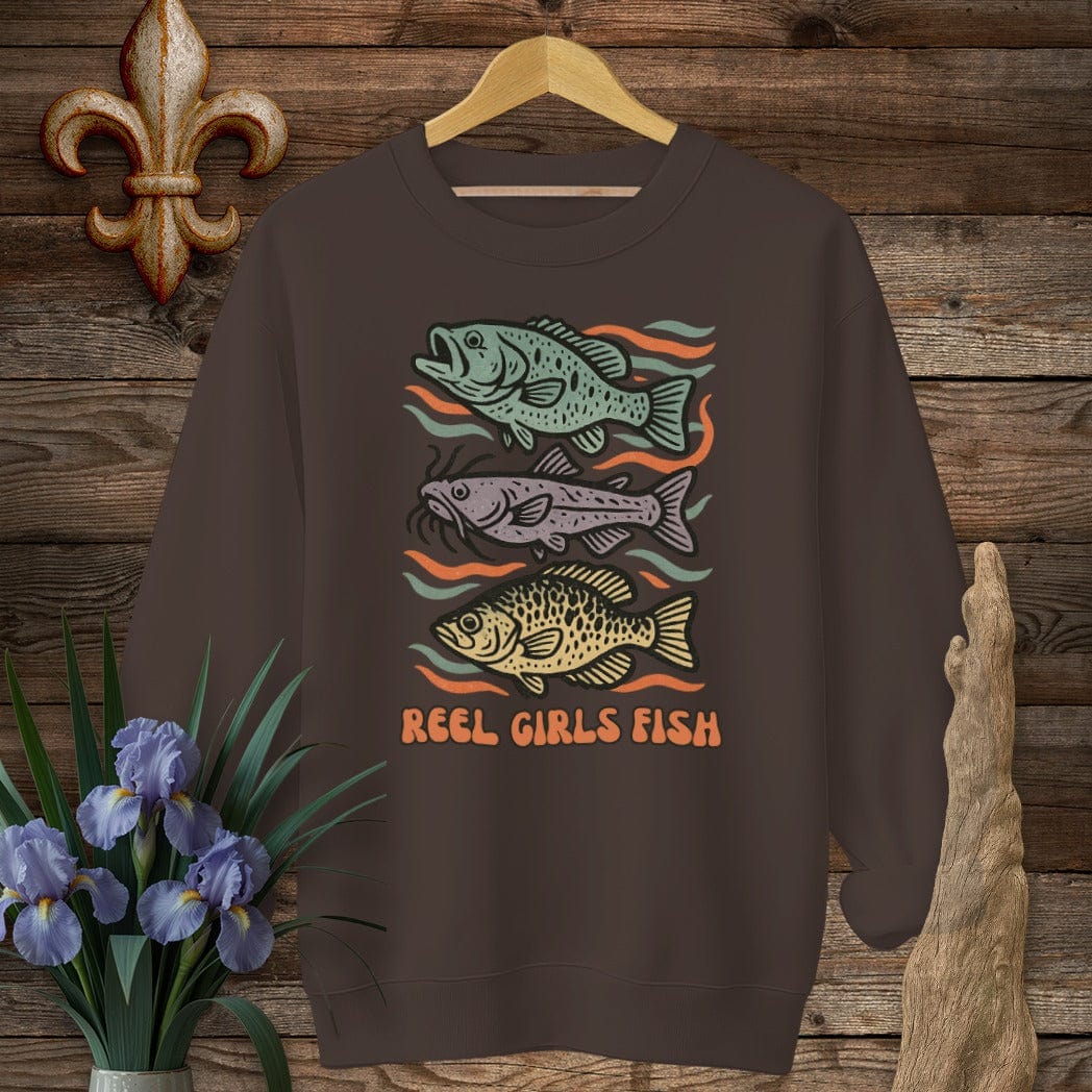 S / Dark Chocolate Louisiana Reel Girls Fish Sweatshirt by Laissez Faire Wear