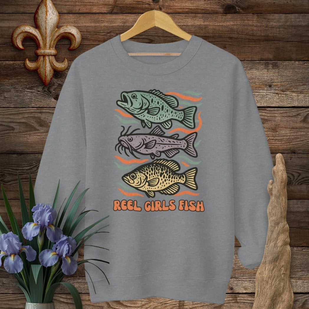 S / Graphite Heather Louisiana Reel Girls Fish Sweatshirt by Laissez Faire Wear