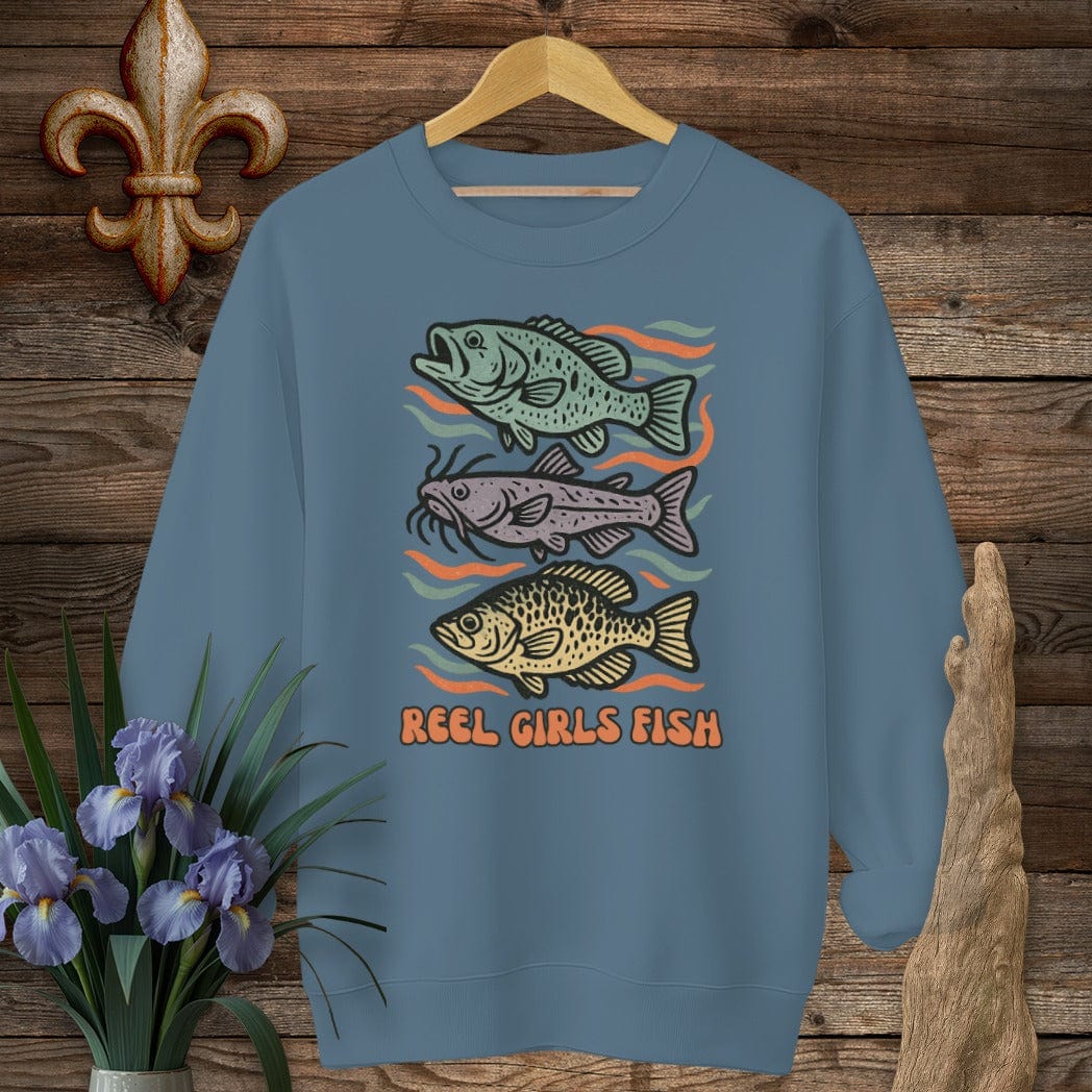 S / Indigo Blue Louisiana Reel Girls Fish Sweatshirt by Laissez Faire Wear