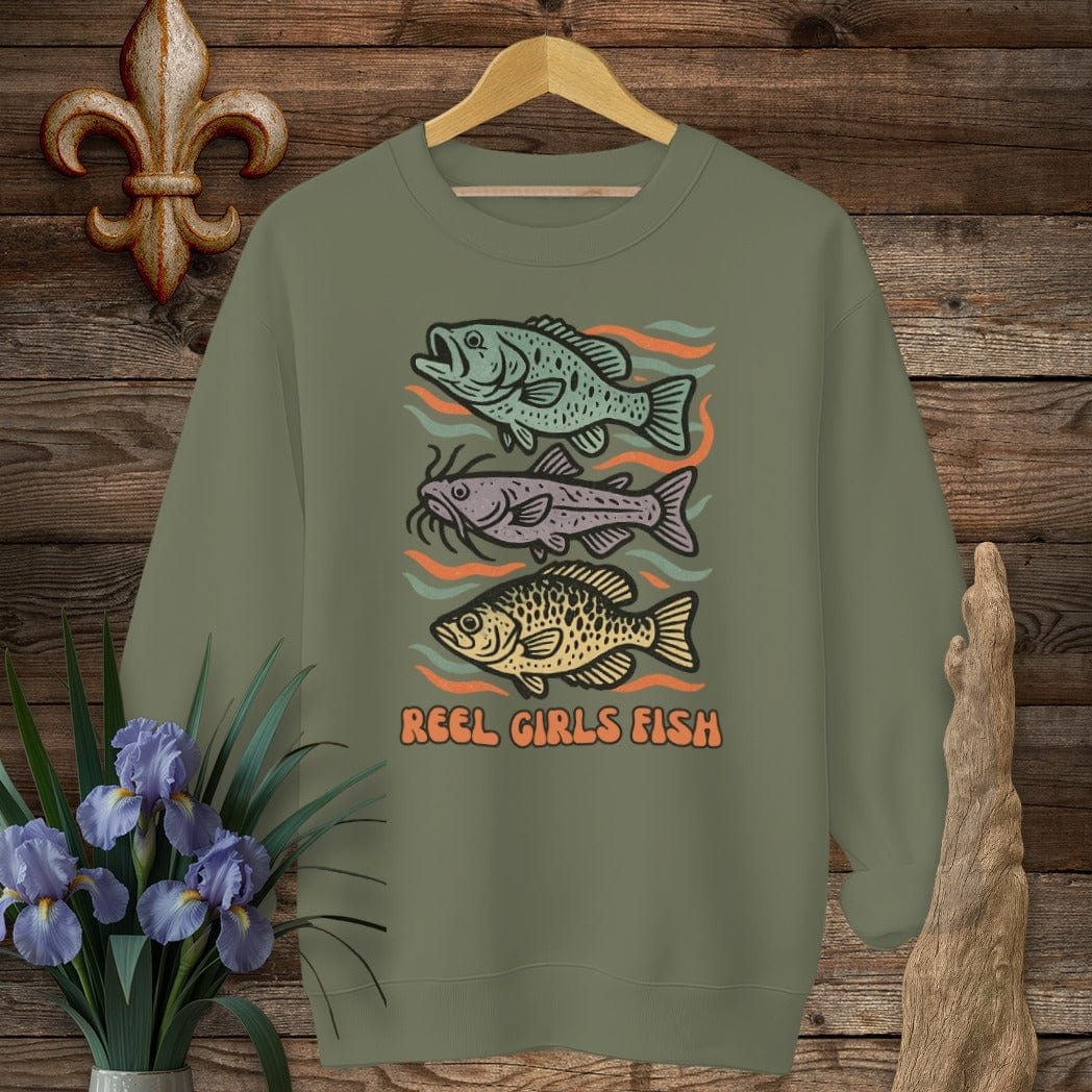 S / Military Green Louisiana Reel Girls Fish Sweatshirt by Laissez Faire Wear