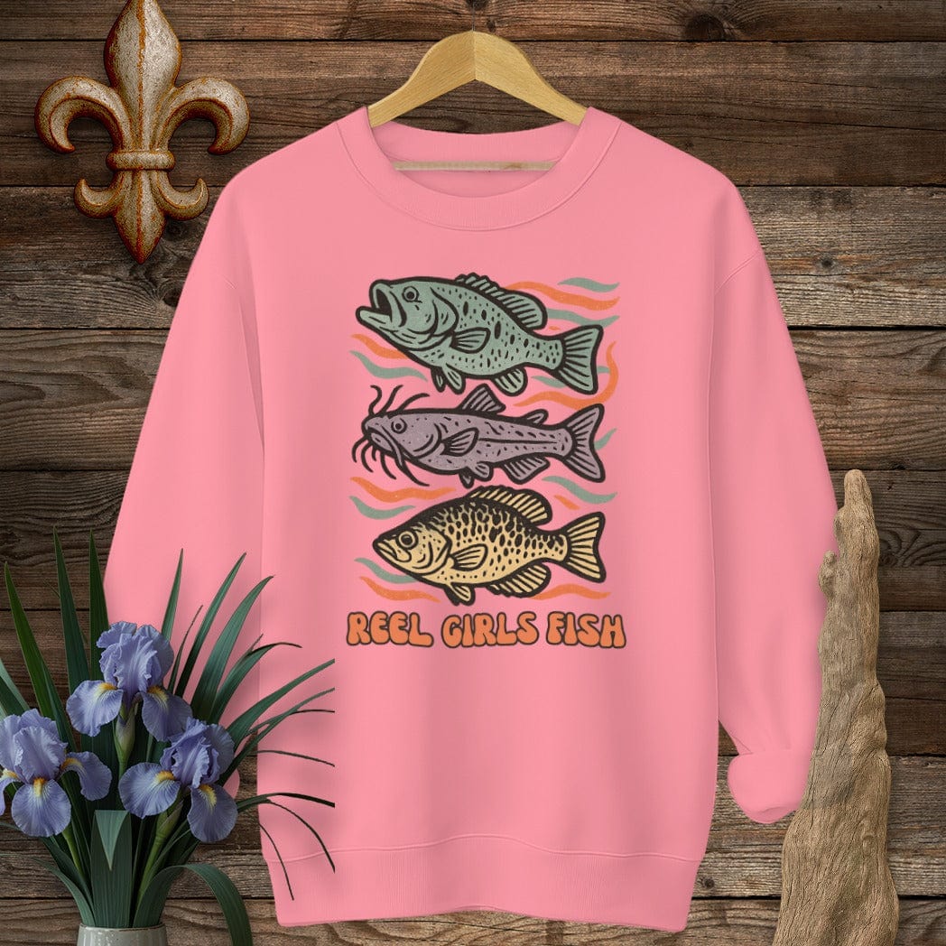 S / Safety Pink Louisiana Reel Girls Fish Sweatshirt by Laissez Faire Wear