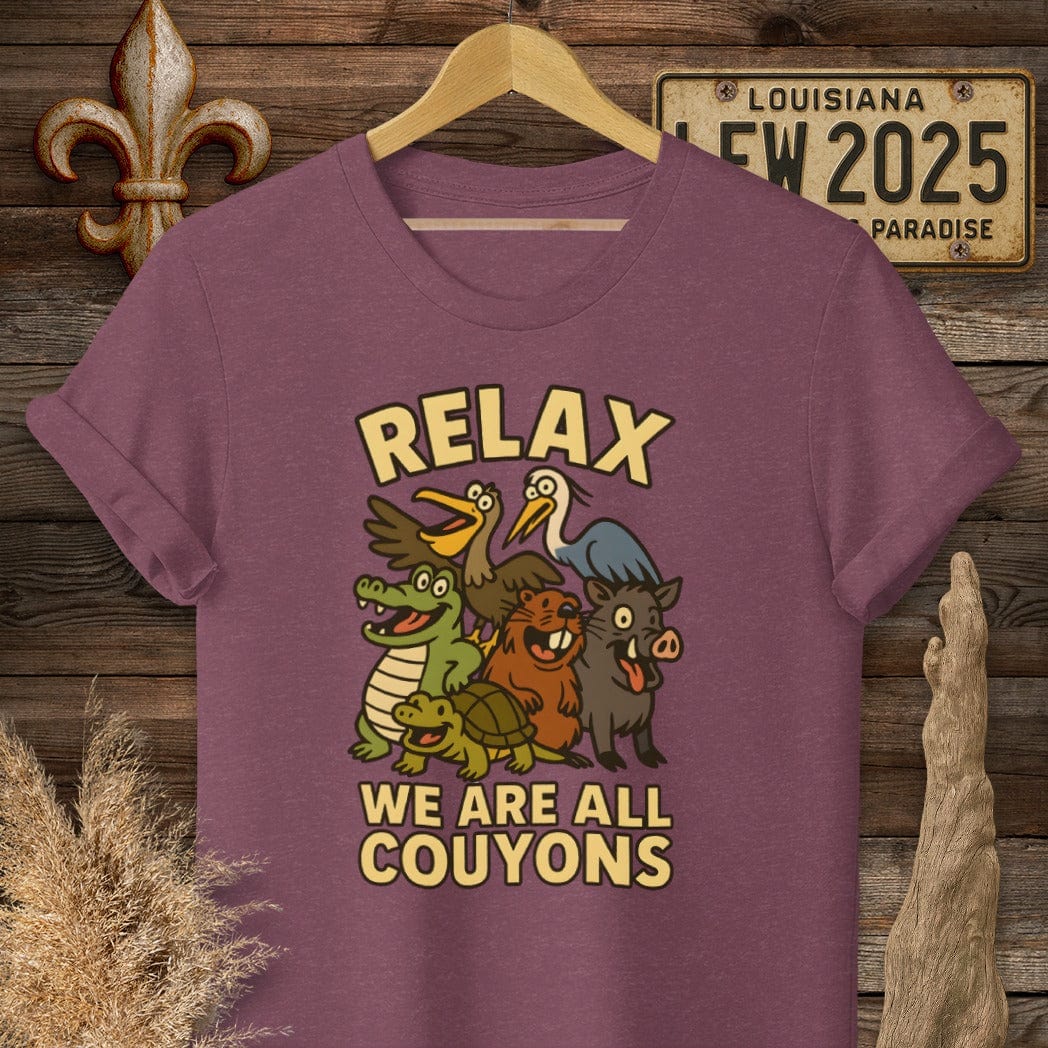 S / Heather Maroon Louisiana Relax, We are all Couyons T-Shirt by Laissez Faire Wear