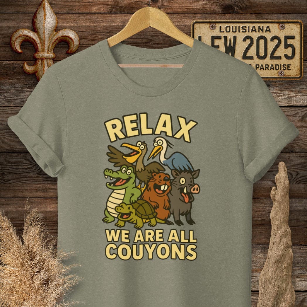 S / Heather Military Green Louisiana Relax, We are all Couyons T-Shirt by Laissez Faire Wear