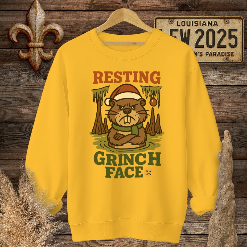S / Gold Louisiana Resting Grinch Face Christmas Sweatshirt by Laissez Faire Wear