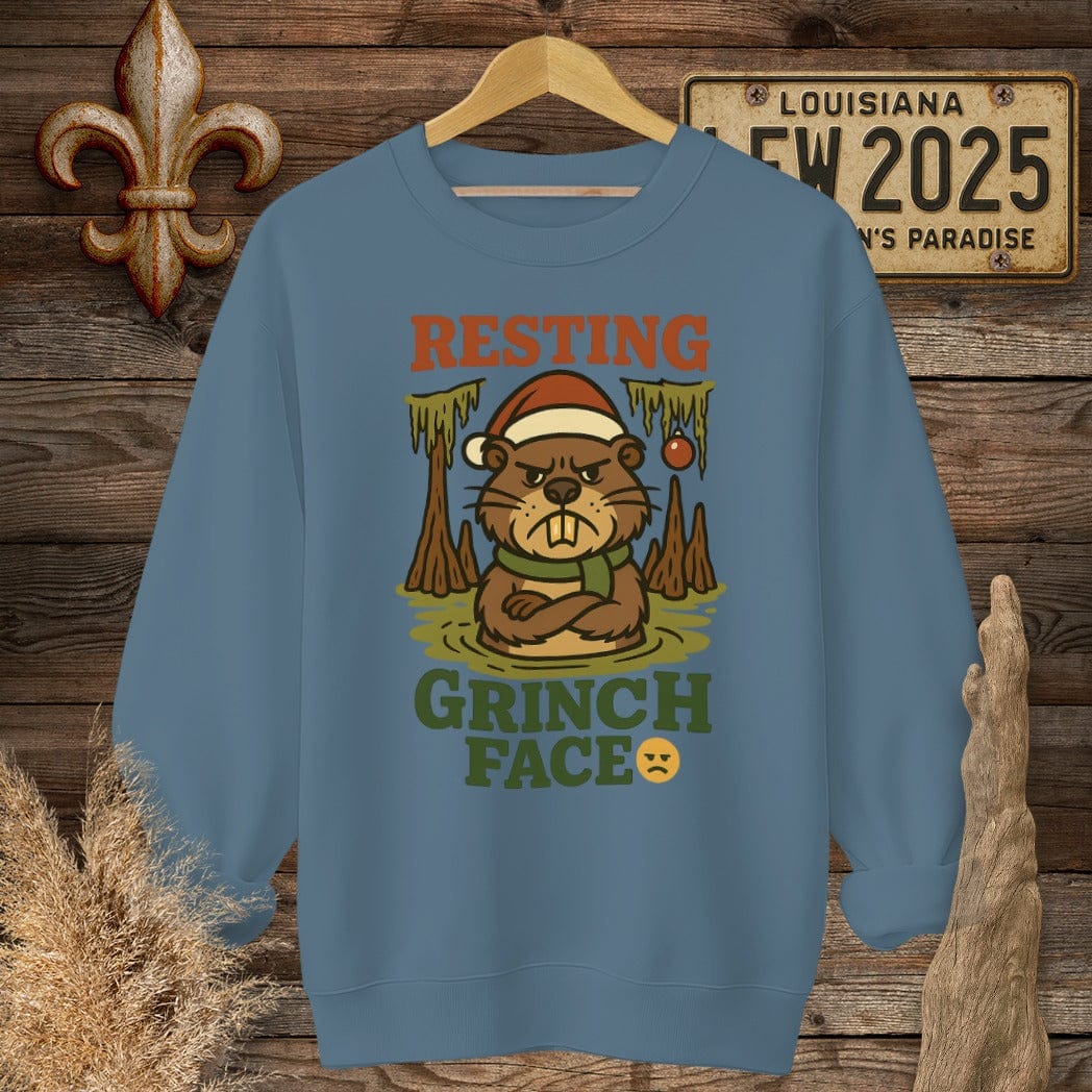 S / Indigo Blue Louisiana Resting Grinch Face Christmas Sweatshirt by Laissez Faire Wear