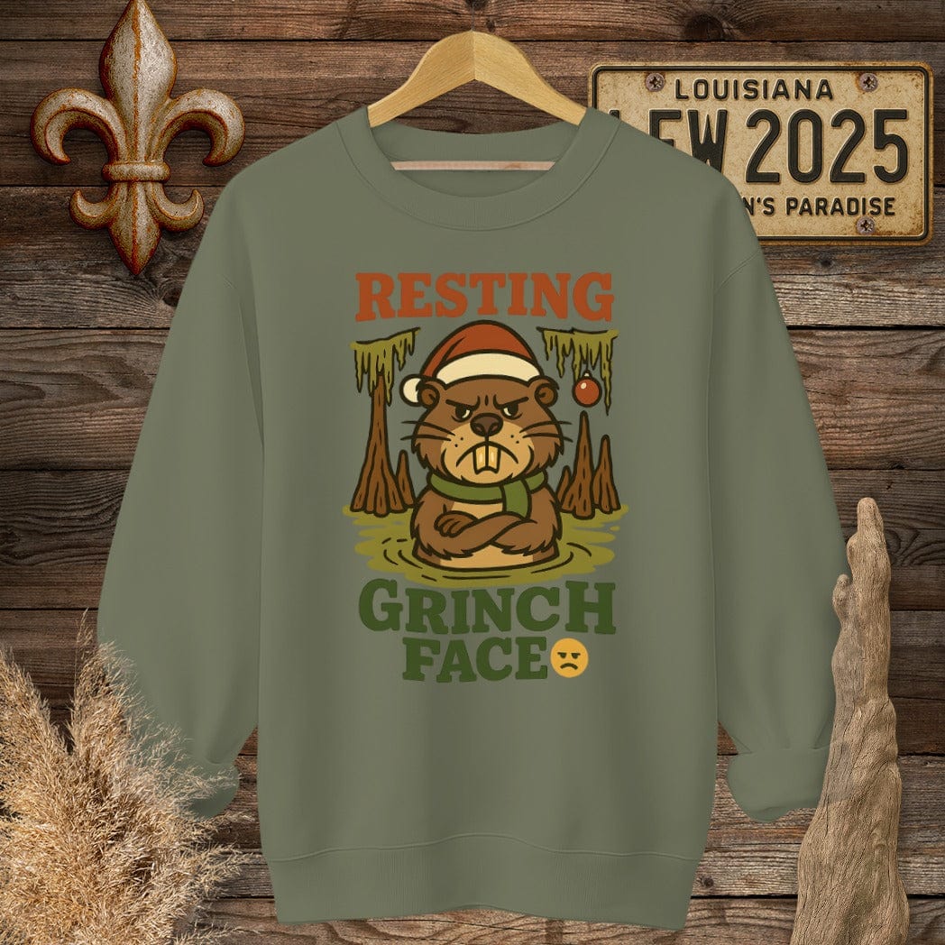 S / Military Green Louisiana Resting Grinch Face Christmas Sweatshirt by Laissez Faire Wear