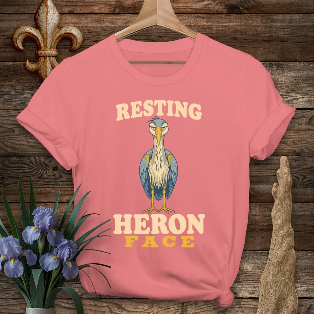 S / Coral Silk Louisiana Resting Heron Face T-Shirt by Laissez Faire Wear