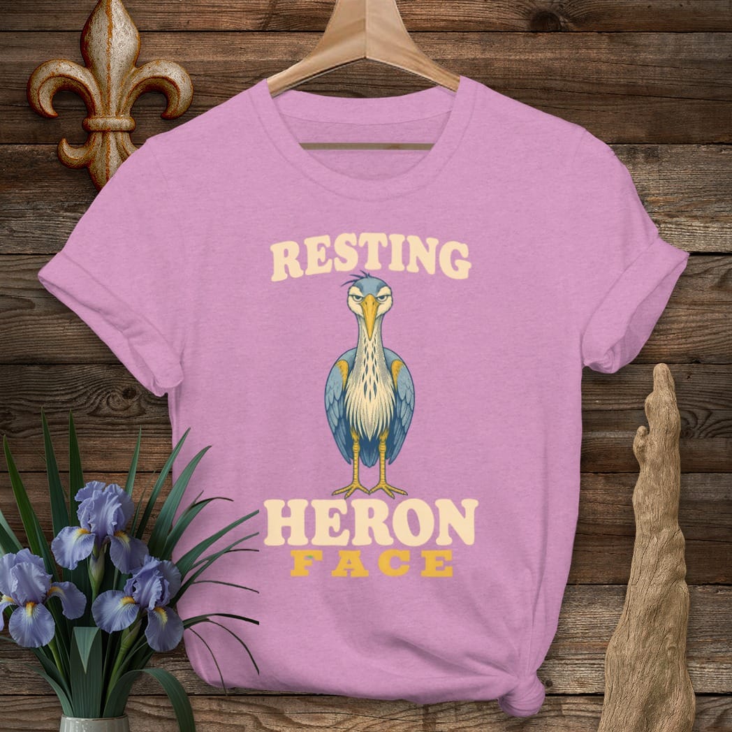 S / Heather Radiant Orchid Louisiana Resting Heron Face T-Shirt by Laissez Faire Wear