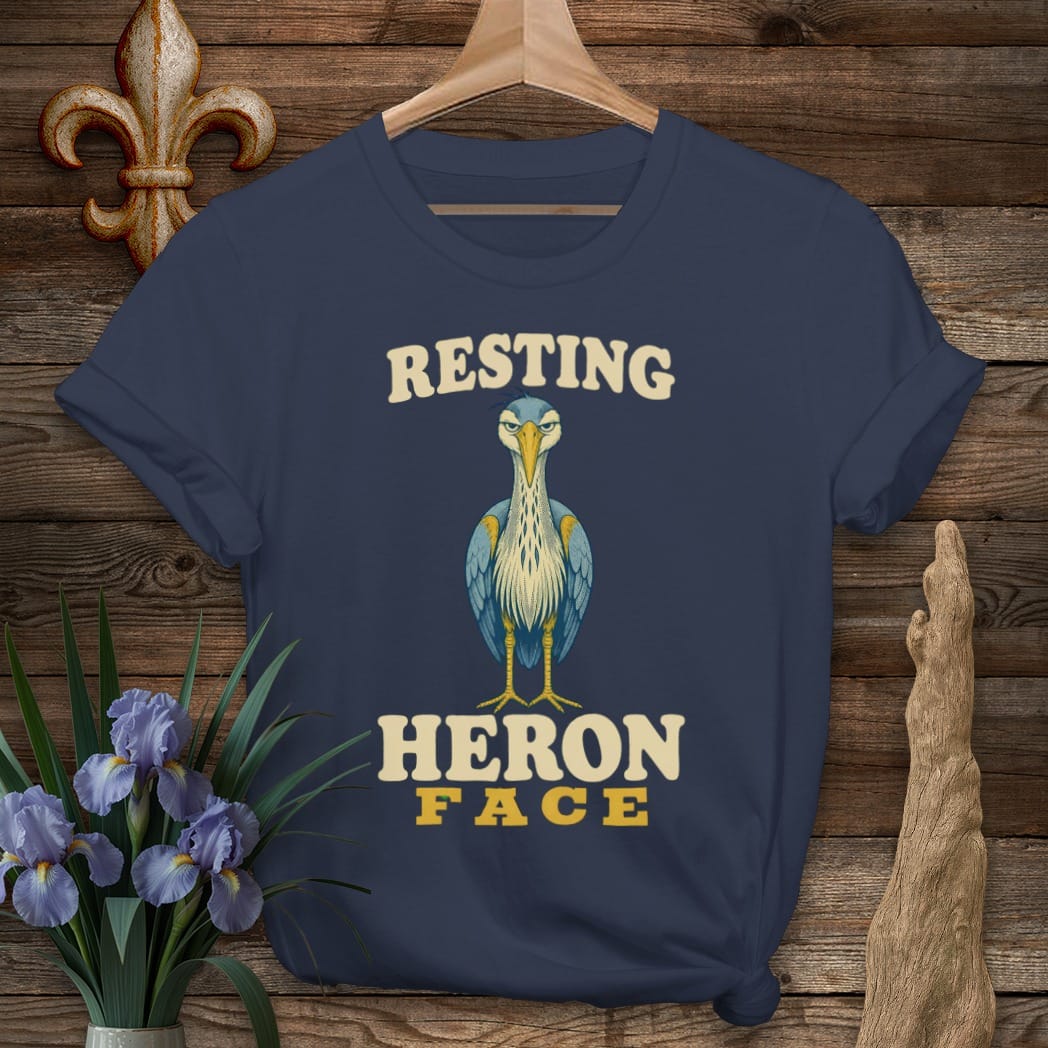 S / Navy Louisiana Resting Heron Face T-Shirt by Laissez Faire Wear