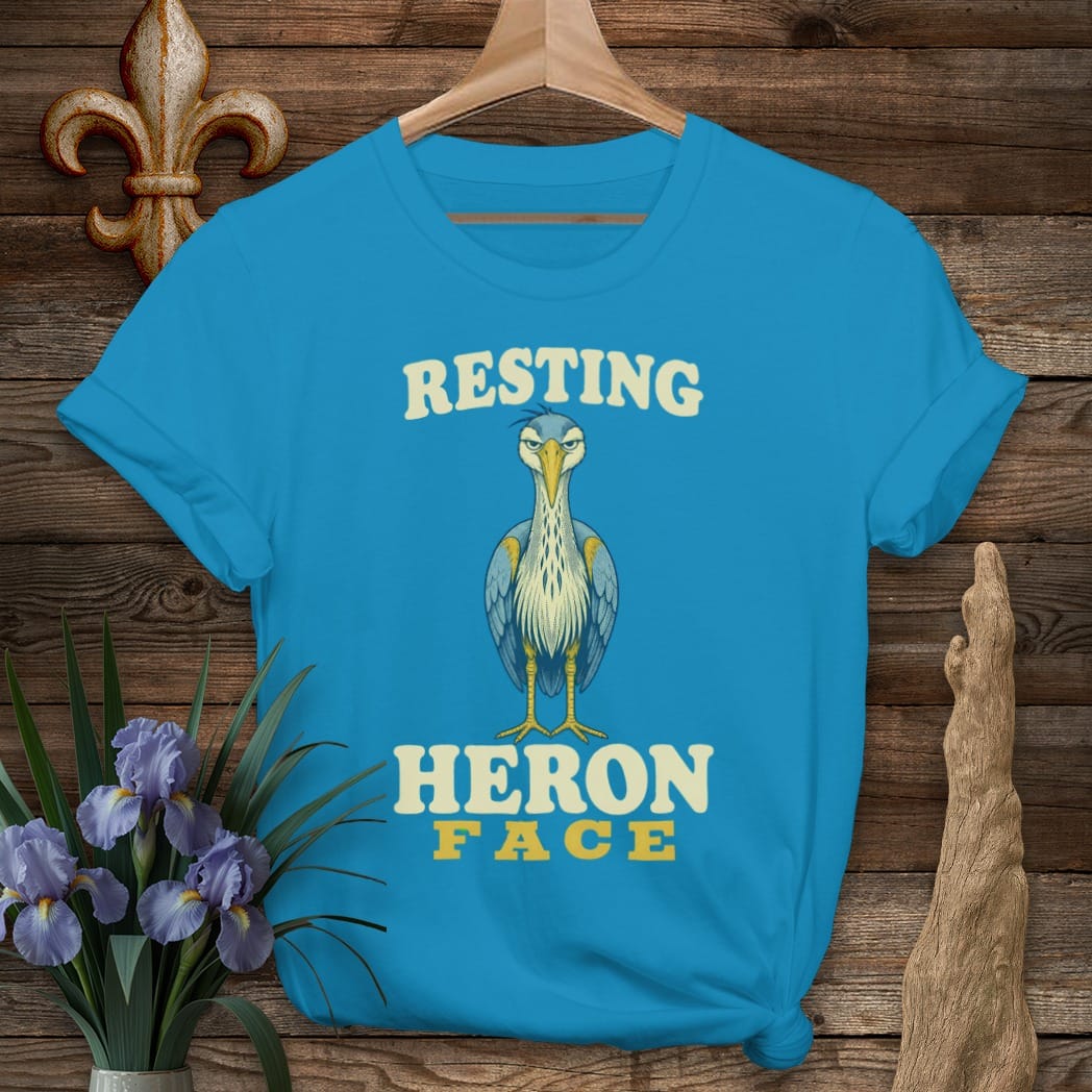 S / Sapphire Louisiana Resting Heron Face T-Shirt by Laissez Faire Wear