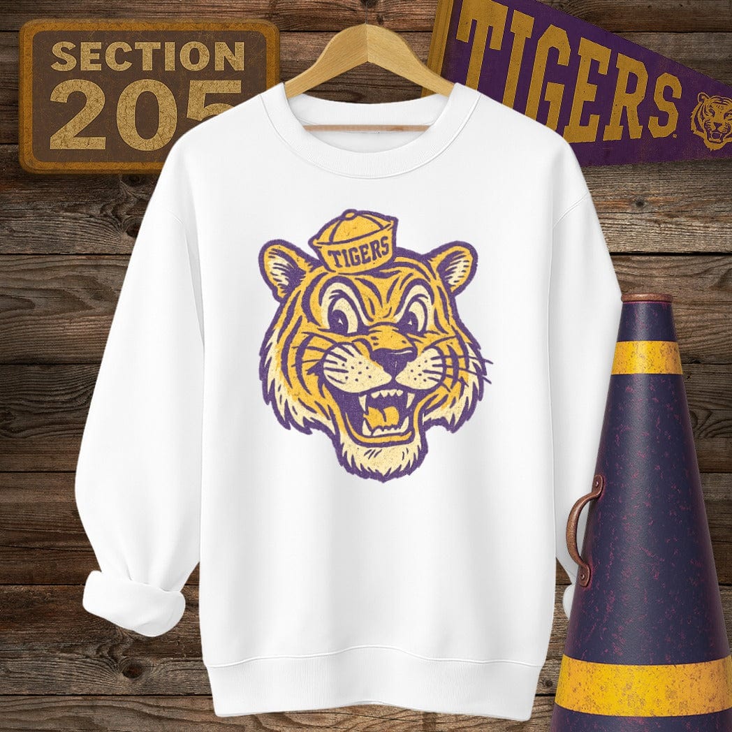 S / White Louisiana Retro Tiger Game Day Sweatshirt by Laissez Faire Wear