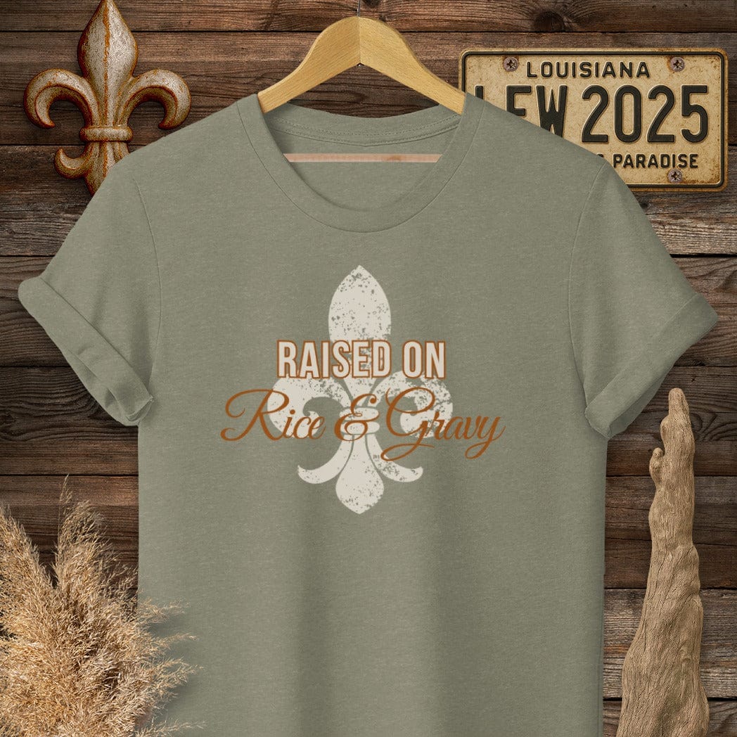S / Heather Military Green Louisiana Rice & Gravy T-Shirt by Laissez Faire Wear