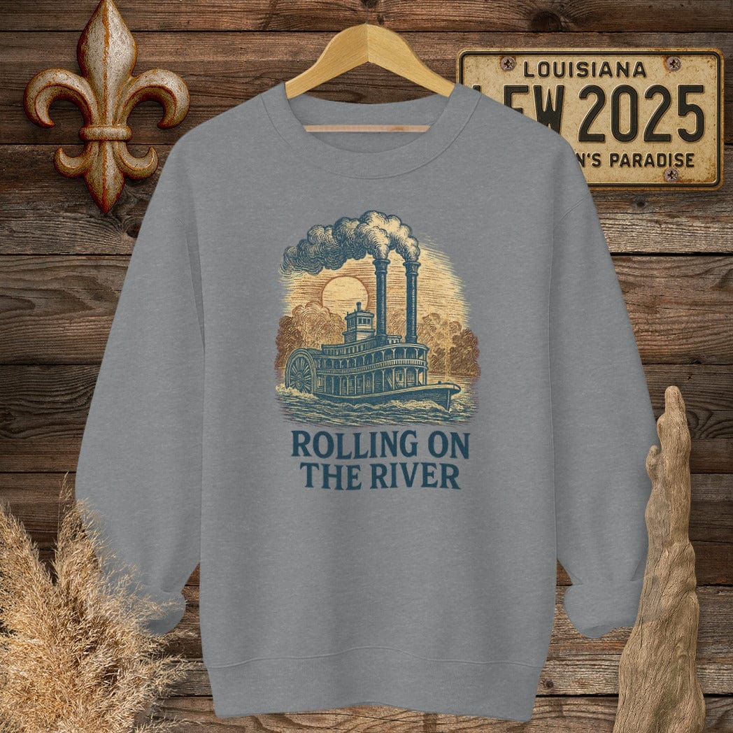 S / Graphite Heather Louisiana Rolling on the River Sweatshirt by Laissez Faire Wear