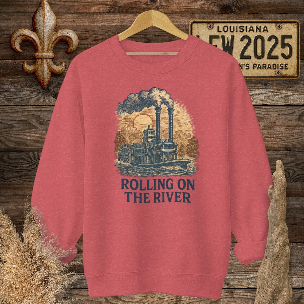 S / Heather Scarlet Red Louisiana Rolling on the River Sweatshirt by Laissez Faire Wear