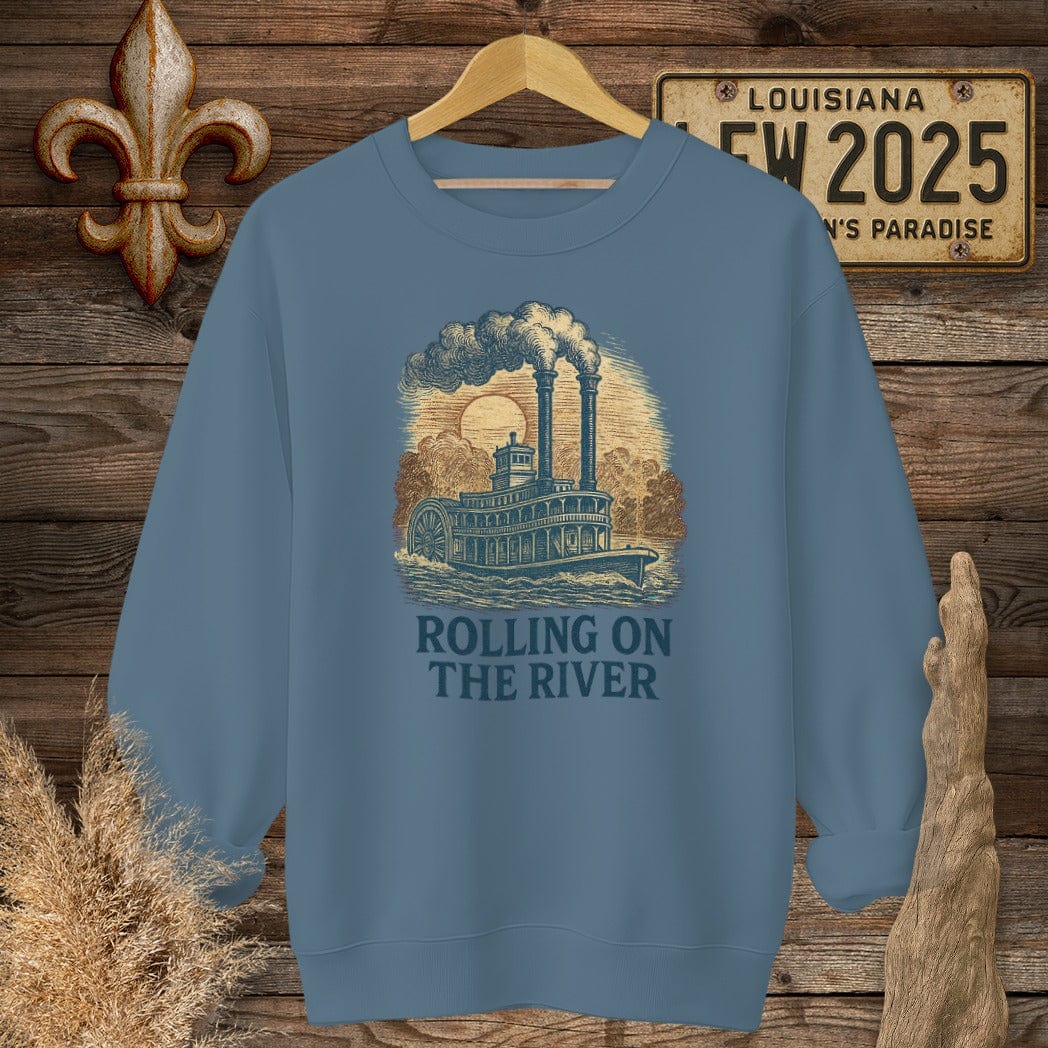 S / Indigo Blue Louisiana Rolling on the River Sweatshirt by Laissez Faire Wear