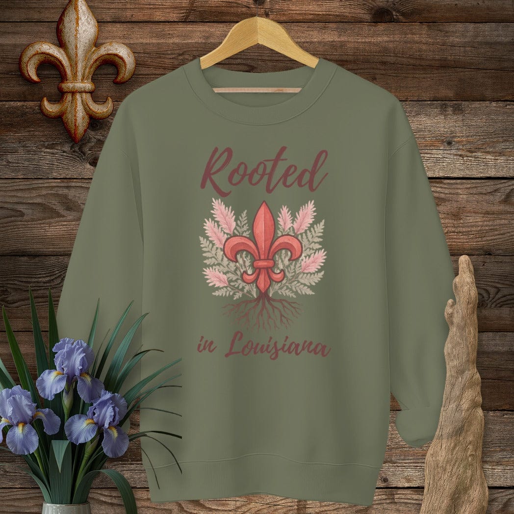 S / Military Green Louisiana Rooted in Louisiana Sweatshirt by Laissez Faire Wear