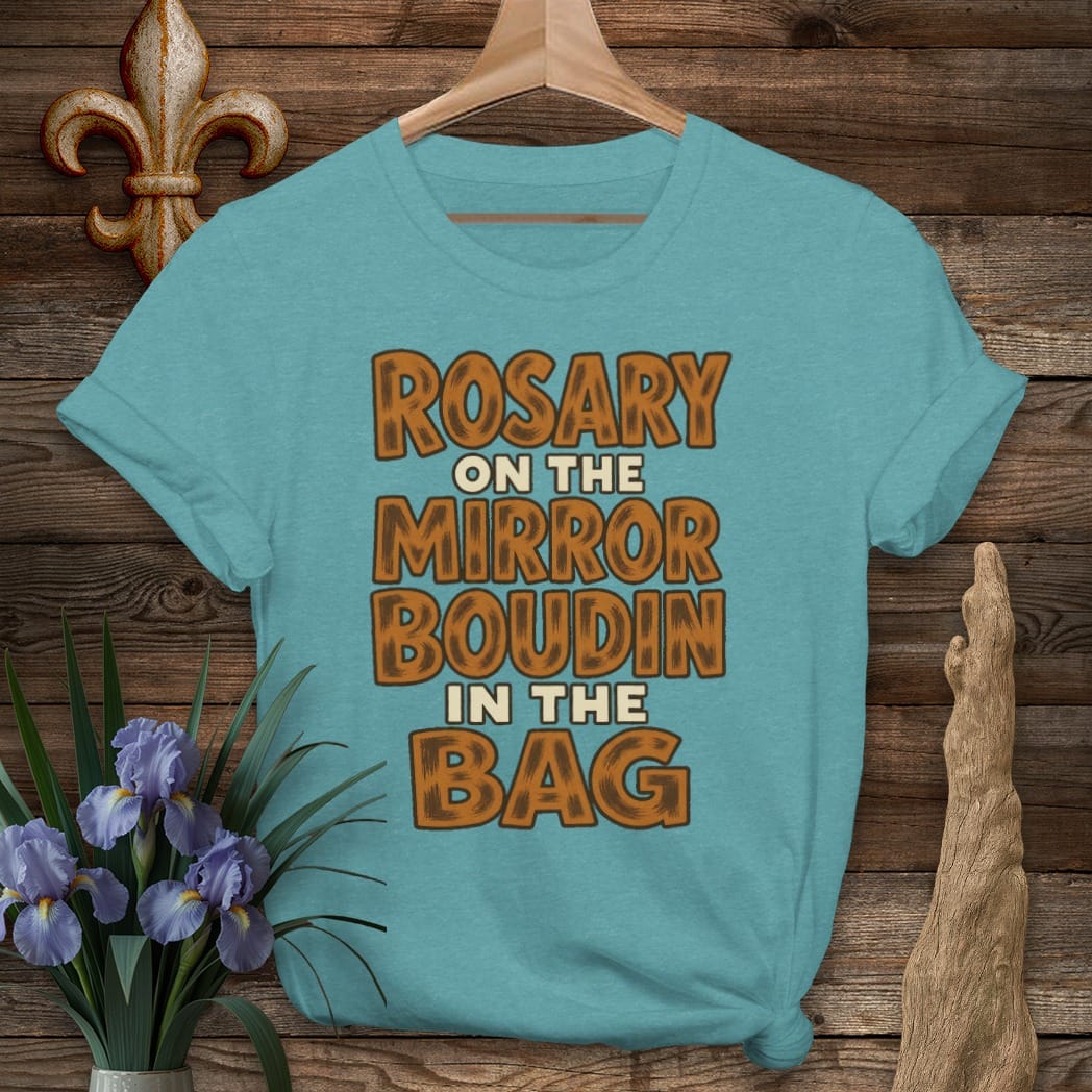 S / Heather Galapagos Blue Louisiana Rosary Boudin Bag T-Shirt by Laissez Faire Wear