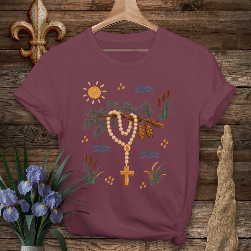 S / Maroon Louisiana Rosary on the Branch T-Shirt by Laissez Faire Wear
