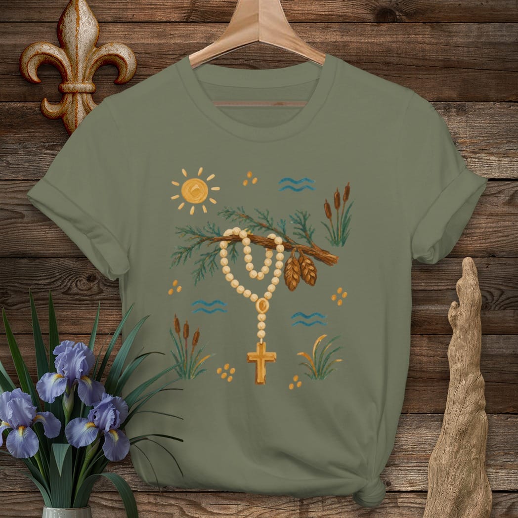 S / Military Green Louisiana Rosary on the Branch T-Shirt by Laissez Faire Wear