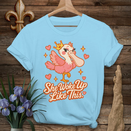 S / Sky Louisiana Roseate Spoonbill Diva T-Shirt by Laissez Faire Wear