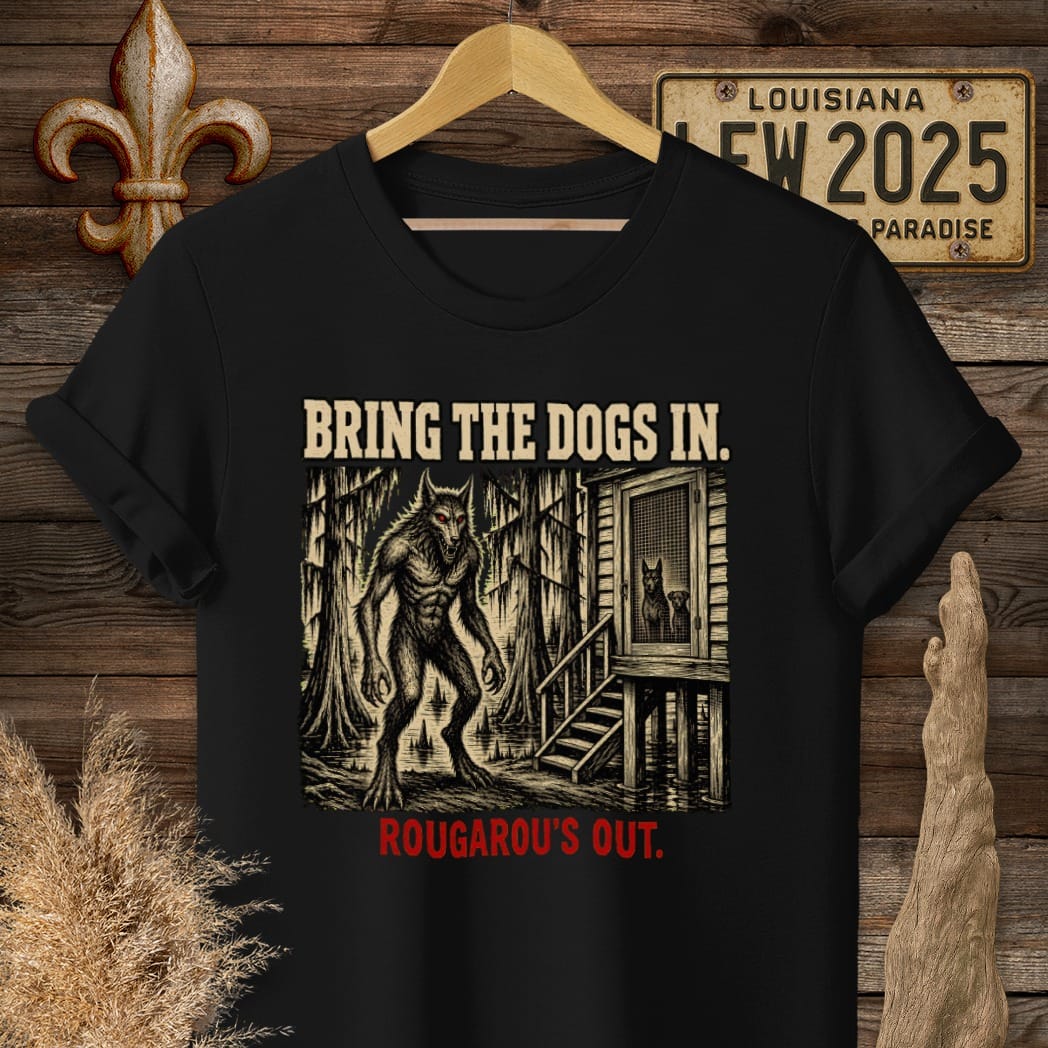 S / Black Louisiana Rougarou Is Out T-Shirt by Laissez Faire Wear