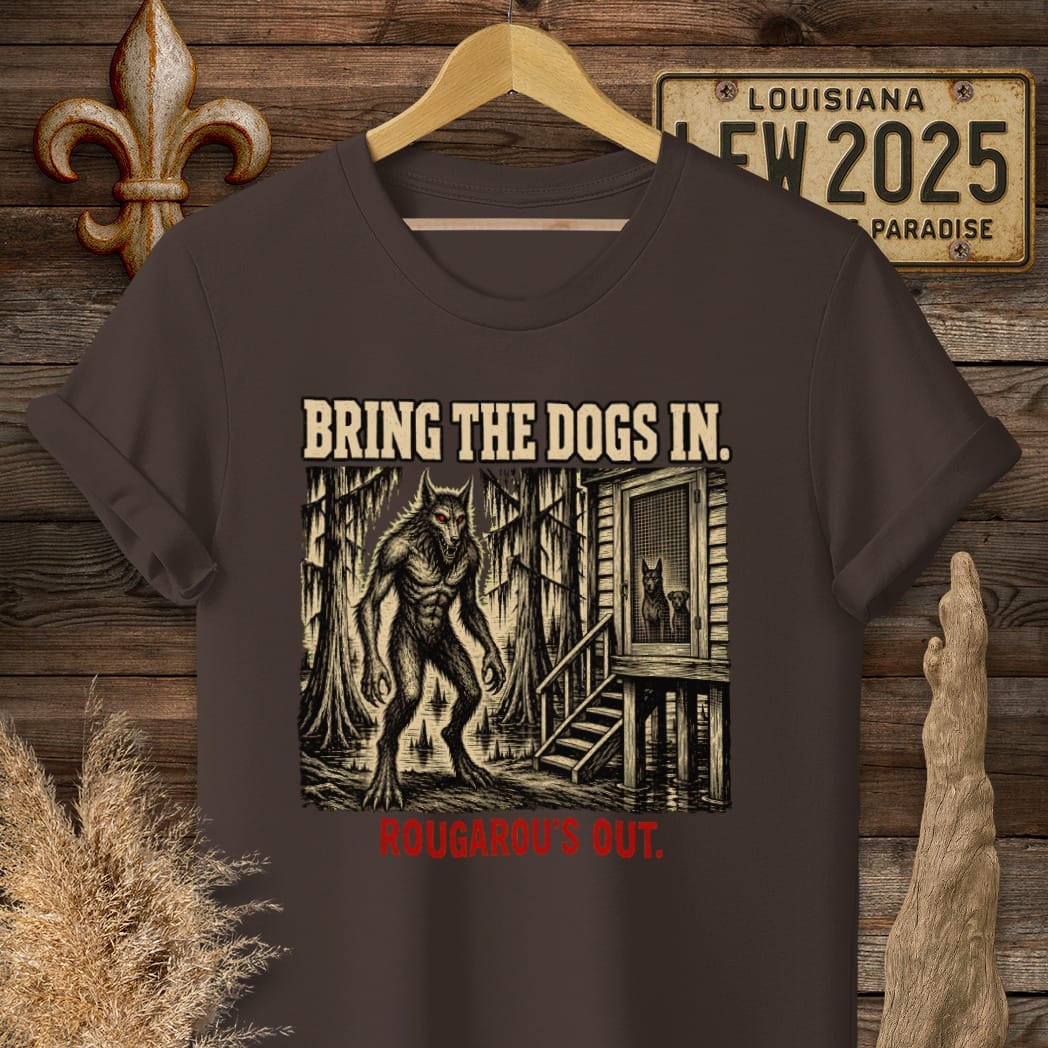 S / Dark Chocolate Louisiana Rougarou Is Out T-Shirt by Laissez Faire Wear