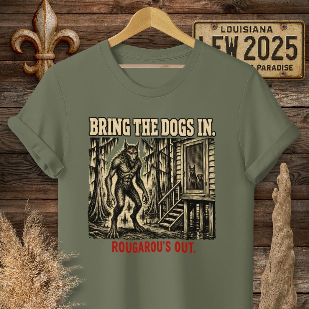 S / Military Green Louisiana Rougarou Is Out T-Shirt by Laissez Faire Wear