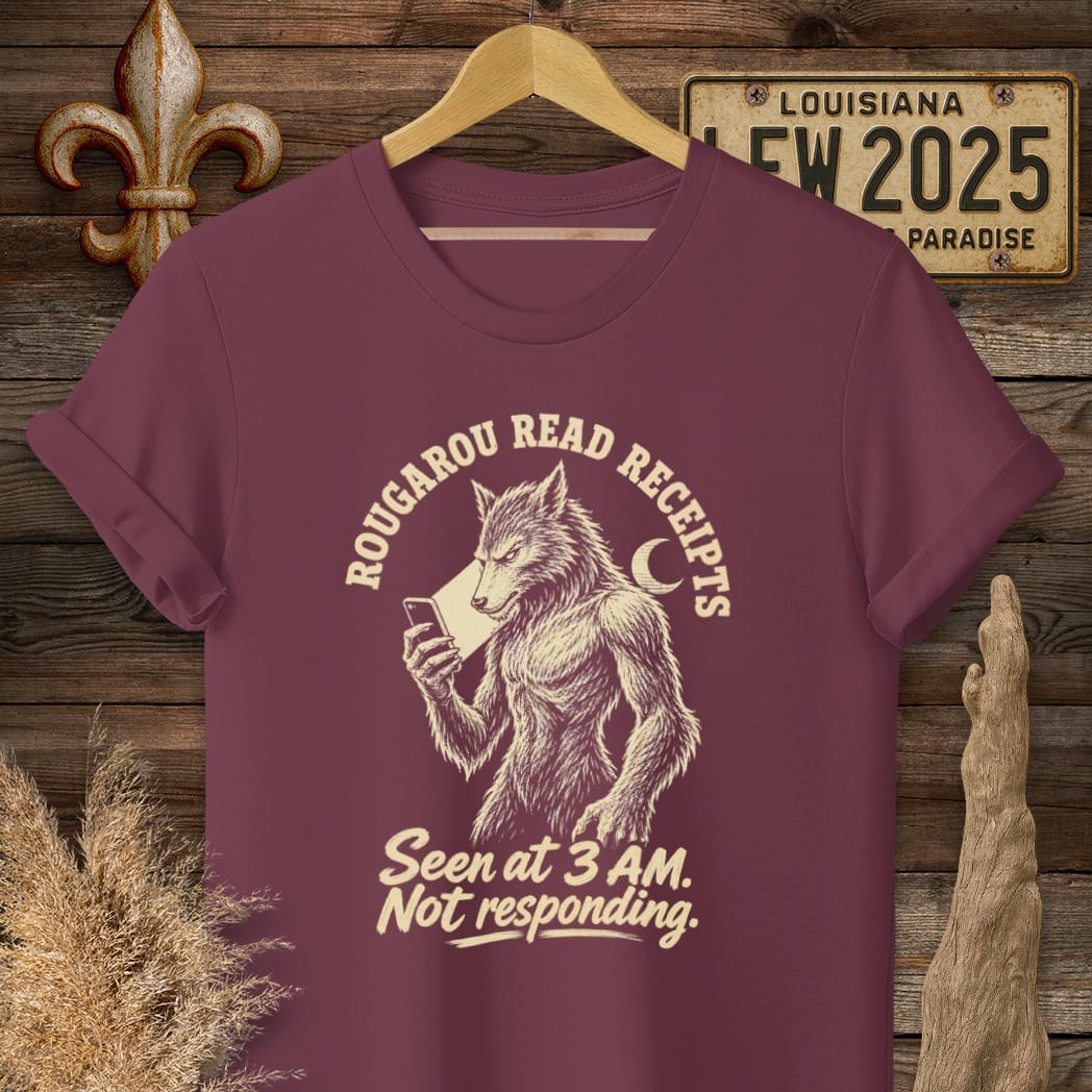 S / Maroon Louisiana Rougarou Read Receipts T-Shirt by Laissez Faire Wear
