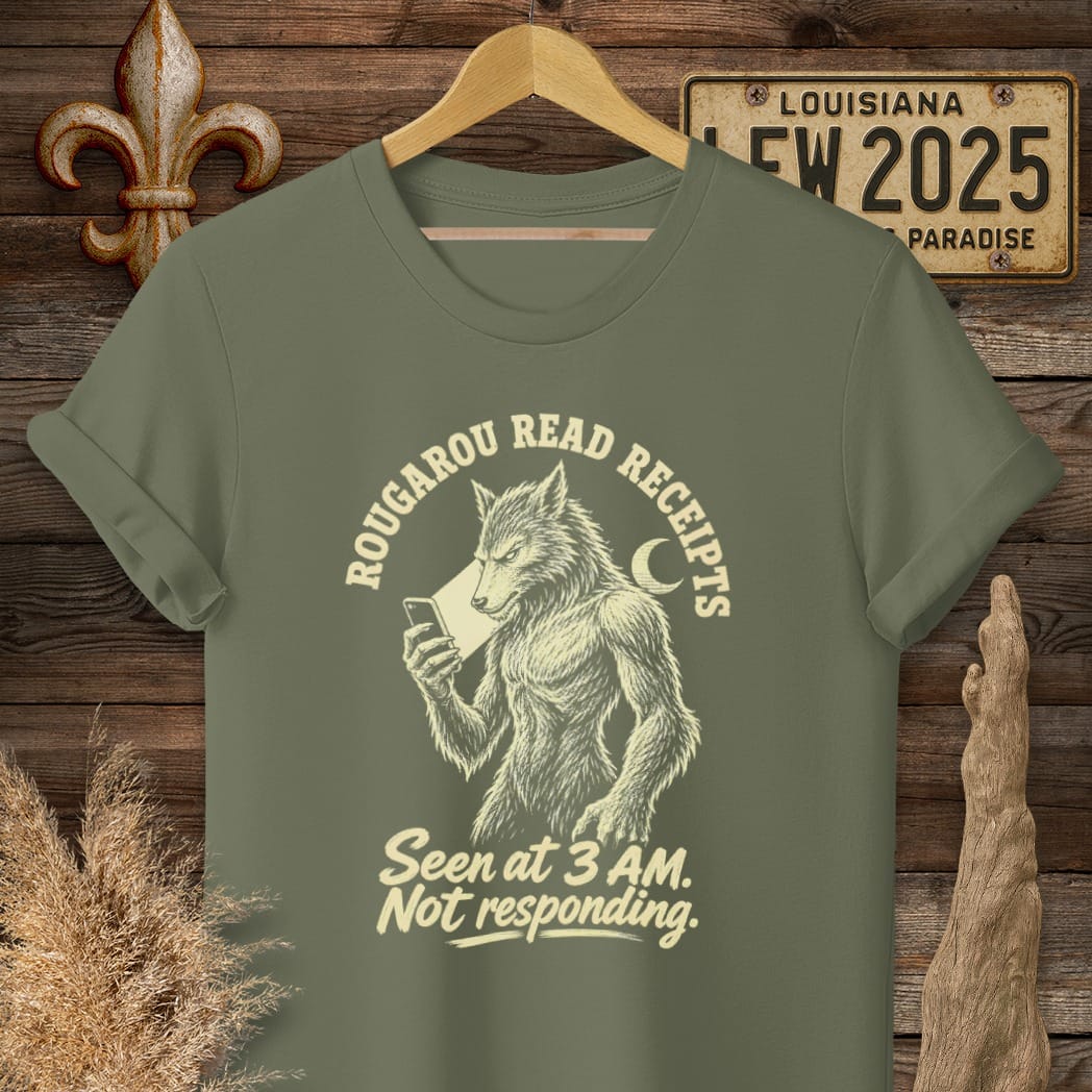 S / Military Green Louisiana Rougarou Read Receipts T-Shirt by Laissez Faire Wear