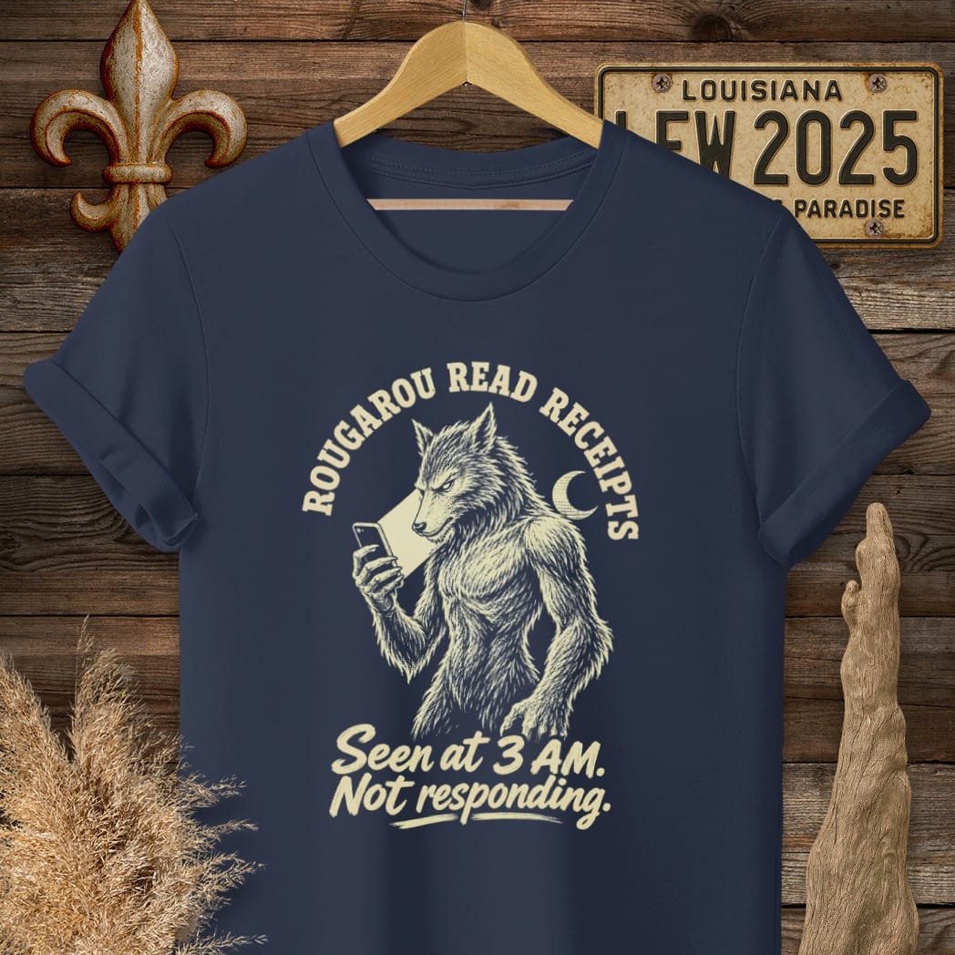 S / Navy Louisiana Rougarou Read Receipts T-Shirt by Laissez Faire Wear