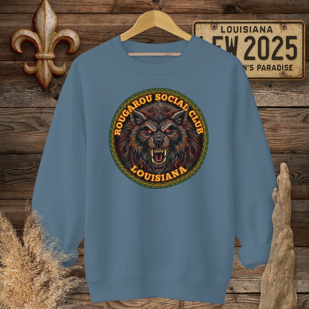 S / Indigo Blue Louisiana Rougarou Social Club Sweatshirt by Laissez Faire Wear