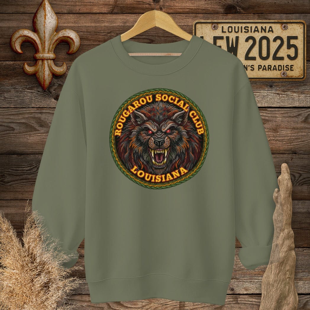S / Military Green Louisiana Rougarou Social Club Sweatshirt by Laissez Faire Wear