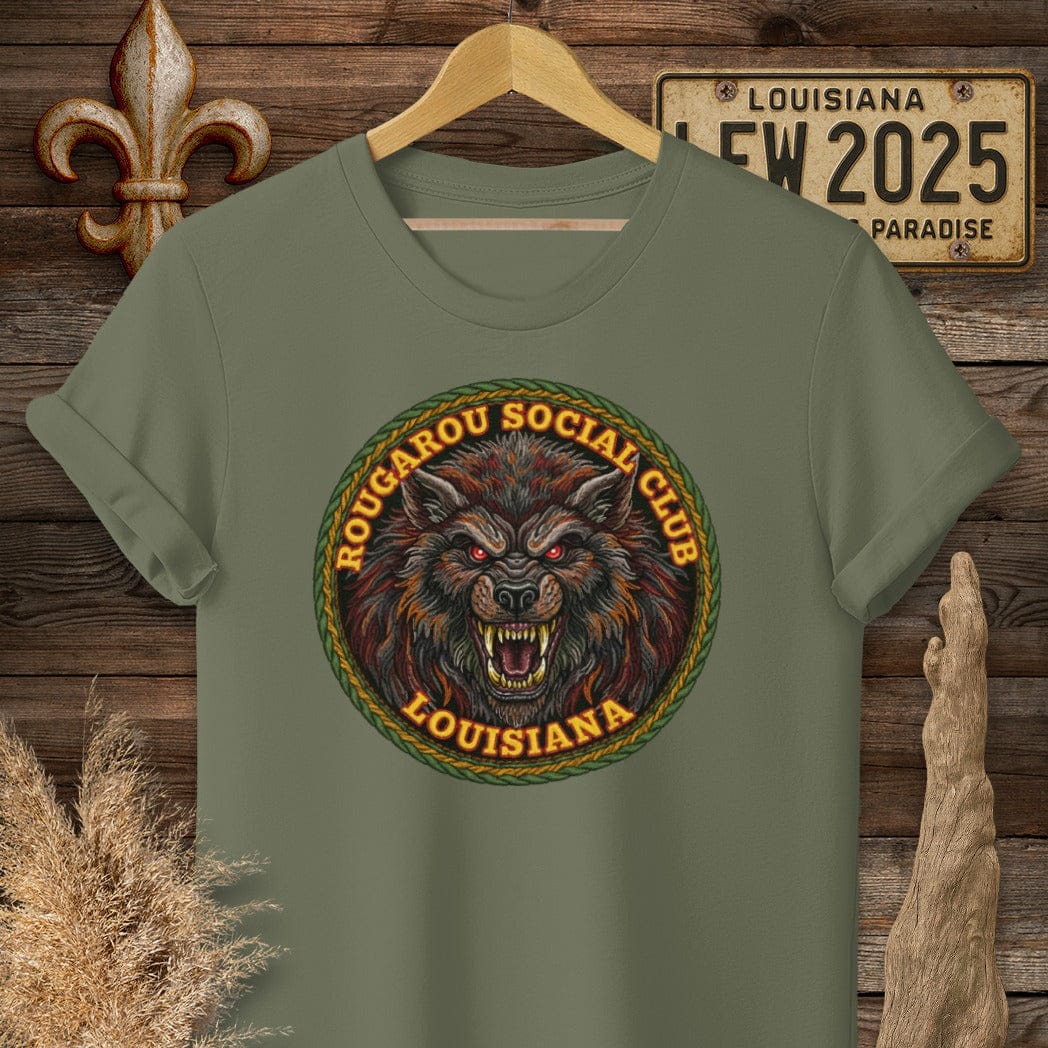 S / Military Green Louisiana Rougarou Social Club T-Shirt by Laissez Faire Wear