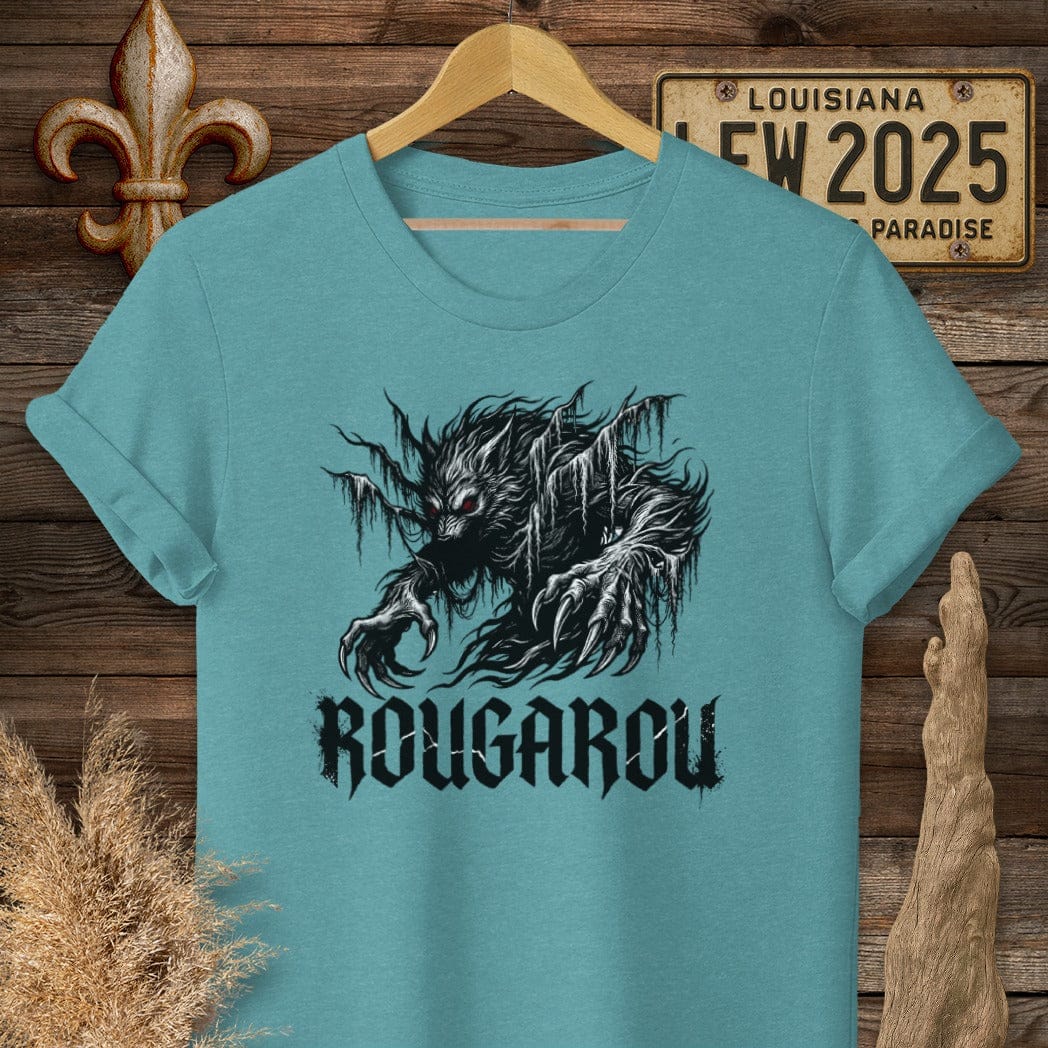 S / Heather Galapagos Blue Louisiana Rougarou Street Wear T-Shirt by Laissez Faire Wear