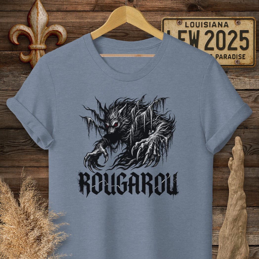 S / Heather Indigo Louisiana Rougarou Street Wear T-Shirt by Laissez Faire Wear