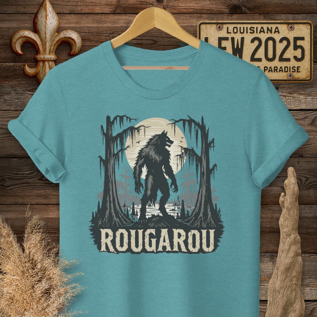 S / Heather Galapagos Blue Louisiana Rougarou T-Shirt by Laissez Faire Wear
