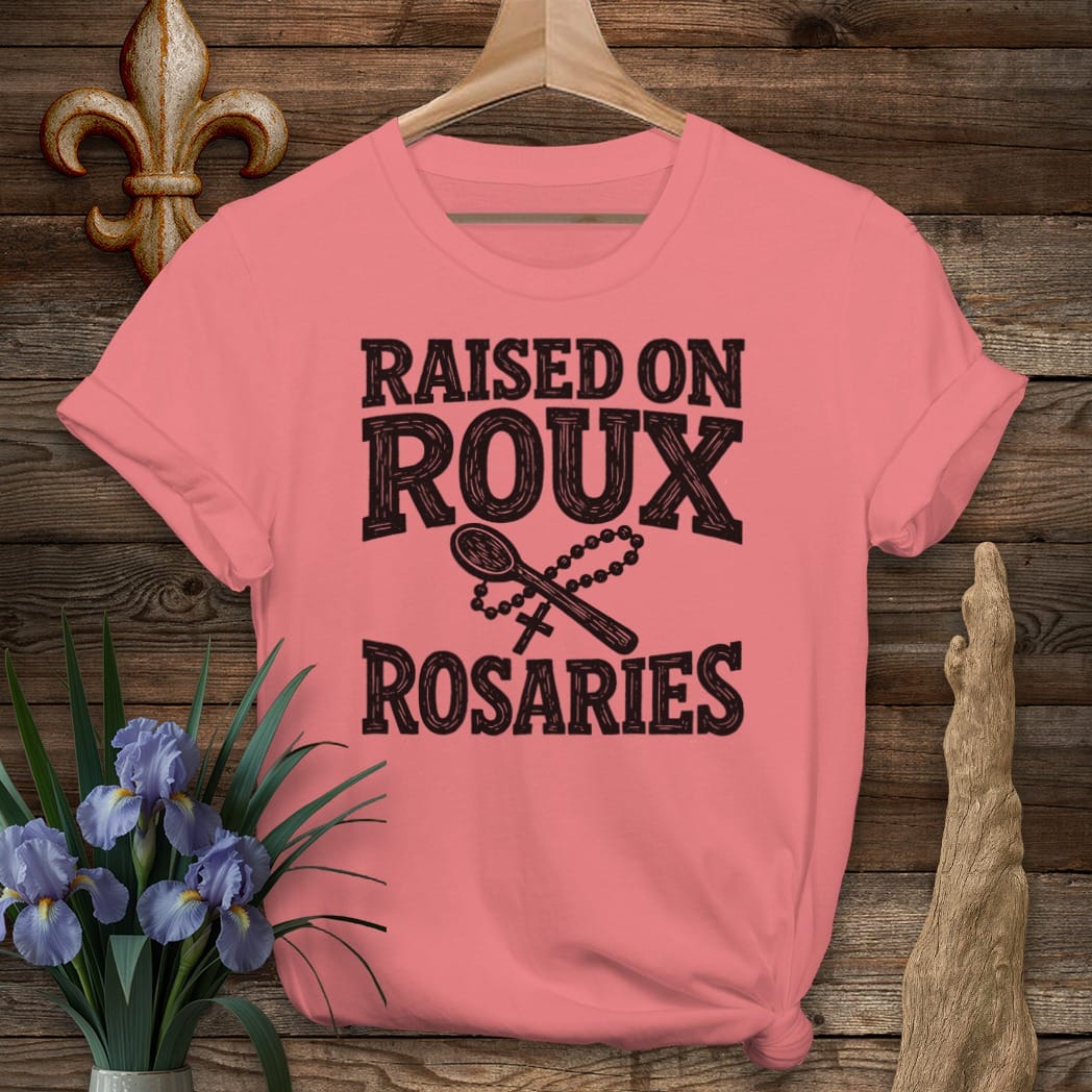 S / Coral Silk Louisiana Roux & Rosaries - Woodcut T-Shirt by Laissez Faire Wear