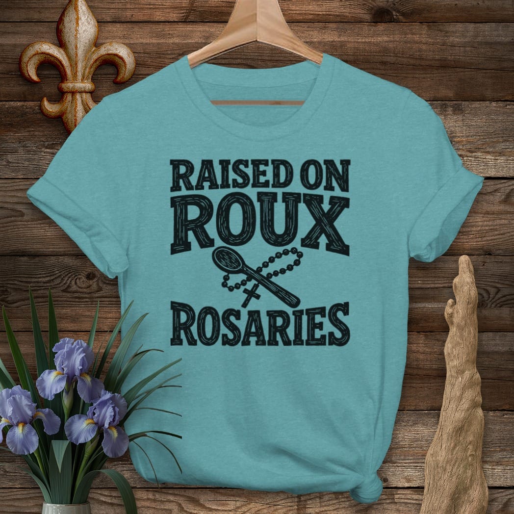 S / Heather Galapagos Blue Louisiana Roux & Rosaries - Woodcut T-Shirt by Laissez Faire Wear