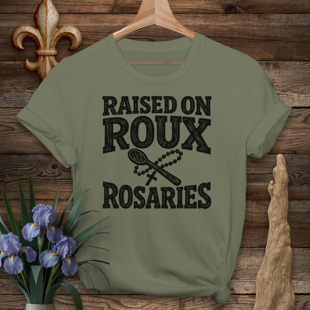 S / Military Green Louisiana Roux & Rosaries - Woodcut T-Shirt by Laissez Faire Wear