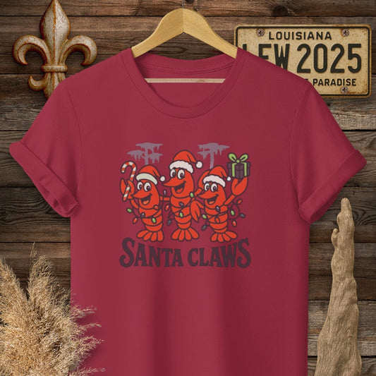 S / Cardinal Red Louisiana Santa Claws T-Shirt by Laissez Faire Wear