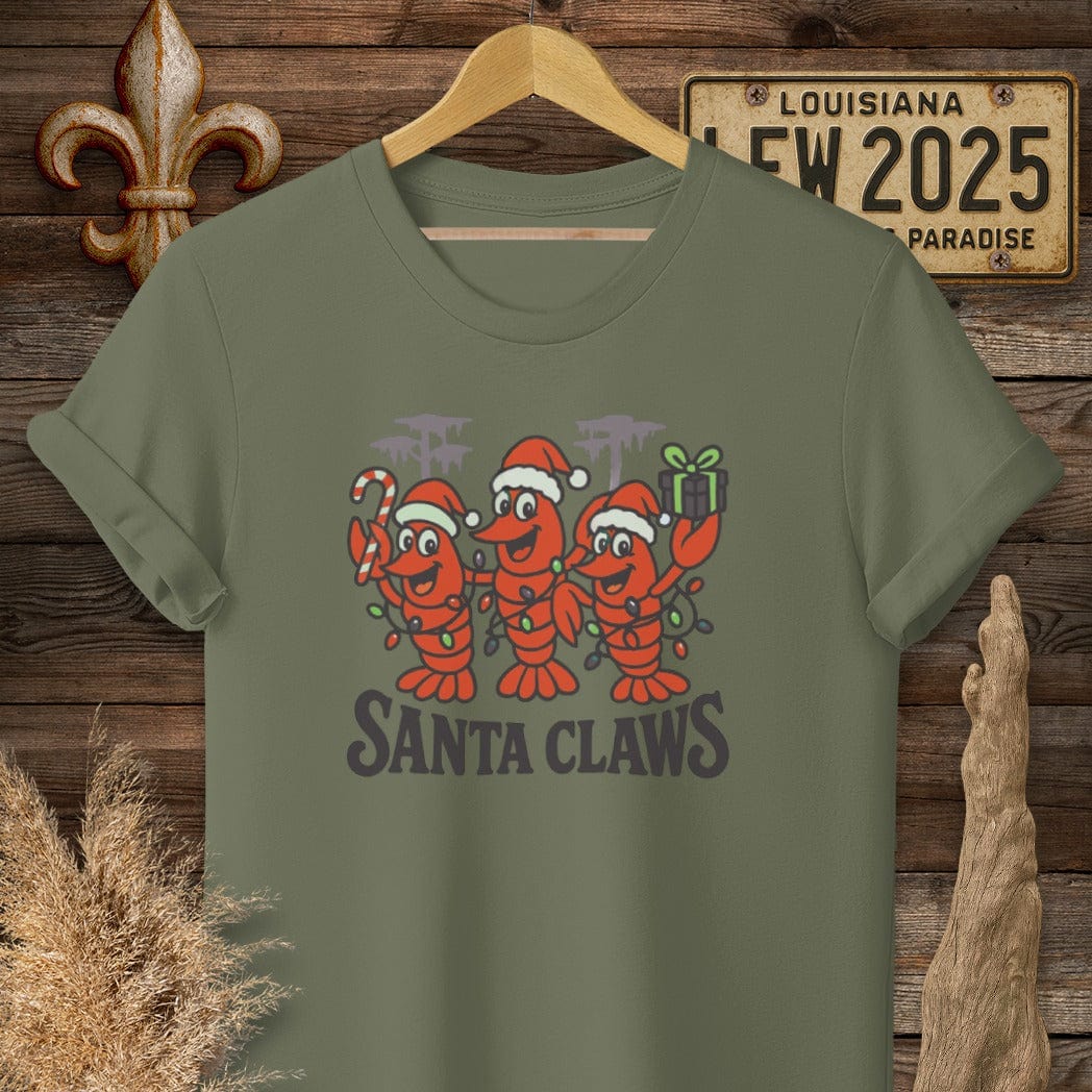 S / Military Green Louisiana Santa Claws T-Shirt by Laissez Faire Wear
