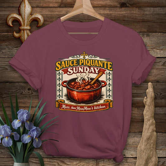 S / Maroon Louisiana Sauce Piquante Sunday T-Shirt by Laissez Faire Wear