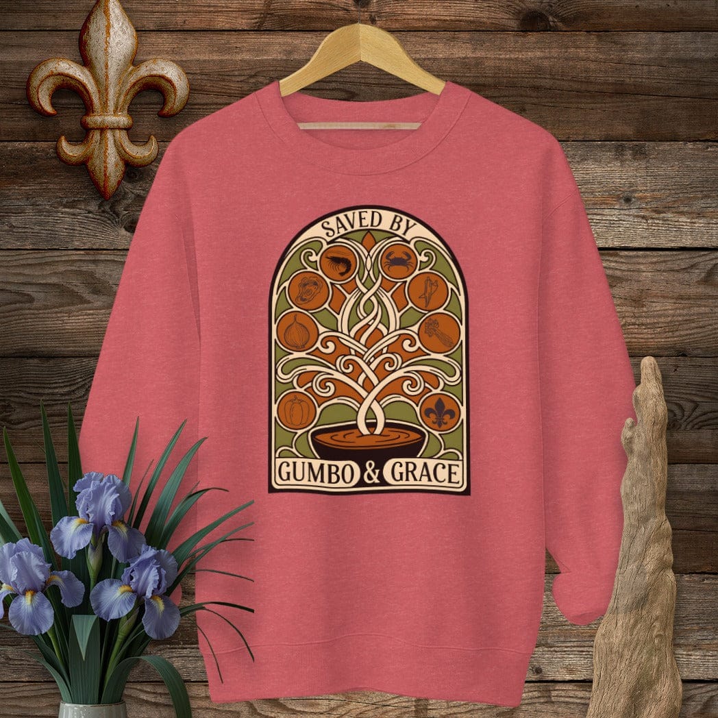 S / Heather Scarlet Red Louisiana Saved By Gumbo & Grace Sweatshirt by Laissez Faire Wear