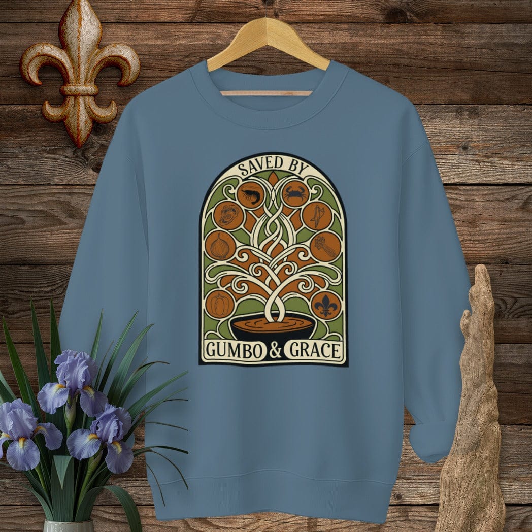 S / Indigo Blue Louisiana Saved By Gumbo & Grace Sweatshirt by Laissez Faire Wear