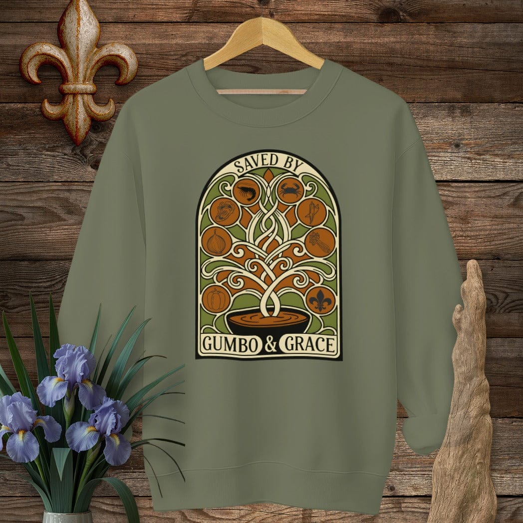 S / Military Green Louisiana Saved By Gumbo & Grace Sweatshirt by Laissez Faire Wear