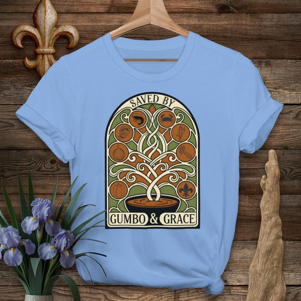 S / Carolina Blue Louisiana Saved By Gumbo & Grace T-Shirt by Laissez Faire Wear