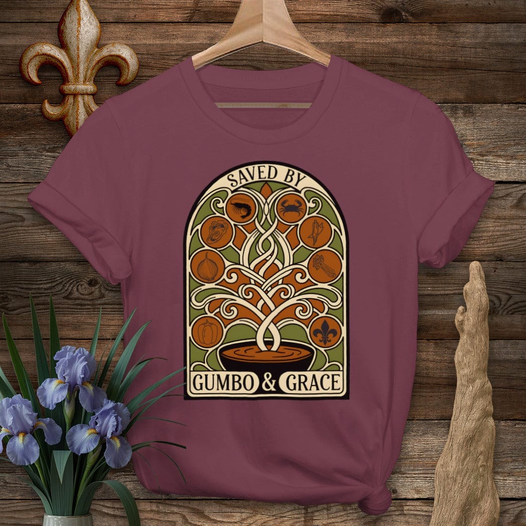 S / Maroon Louisiana Saved By Gumbo & Grace T-Shirt by Laissez Faire Wear