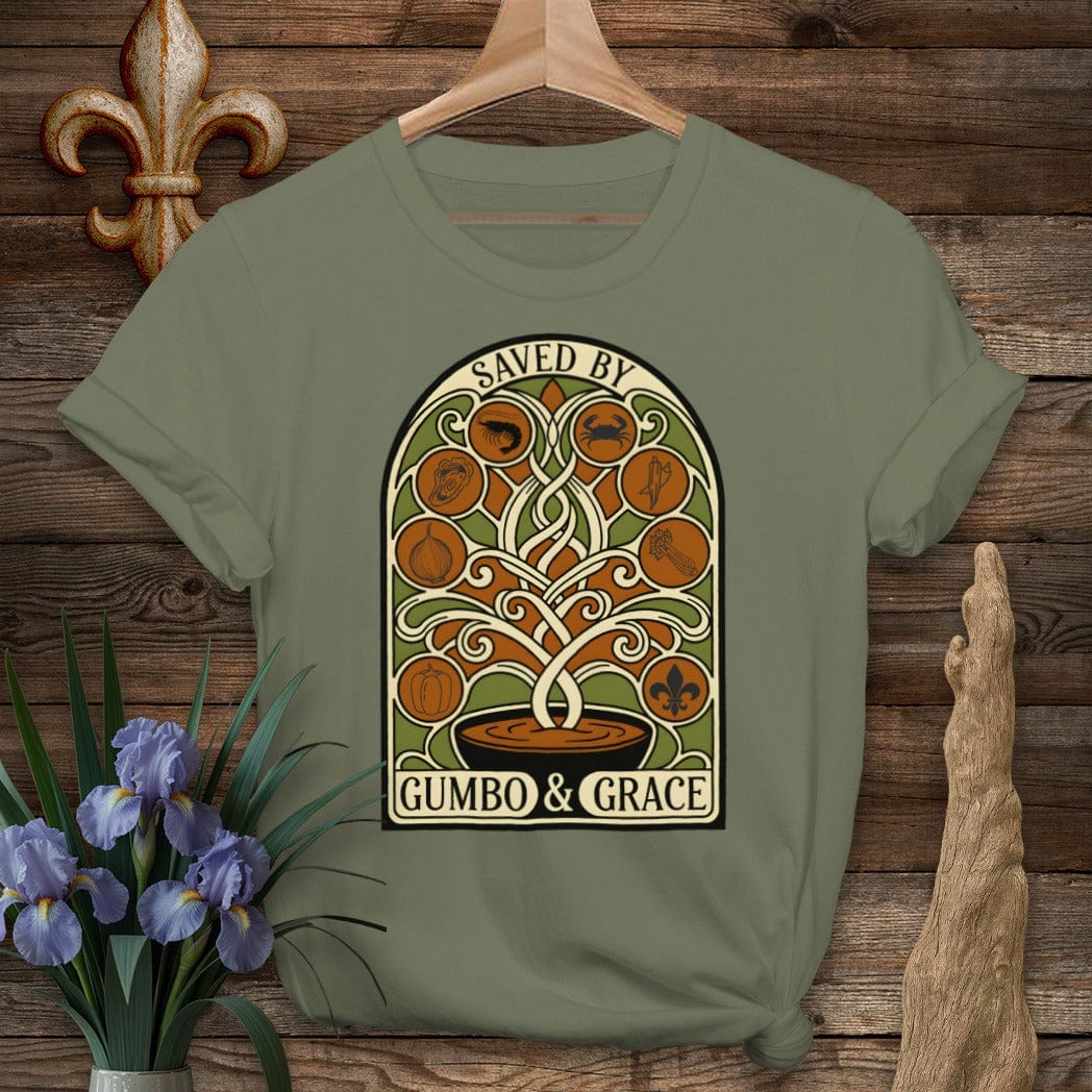 S / Military Green Louisiana Saved By Gumbo & Grace T-Shirt by Laissez Faire Wear