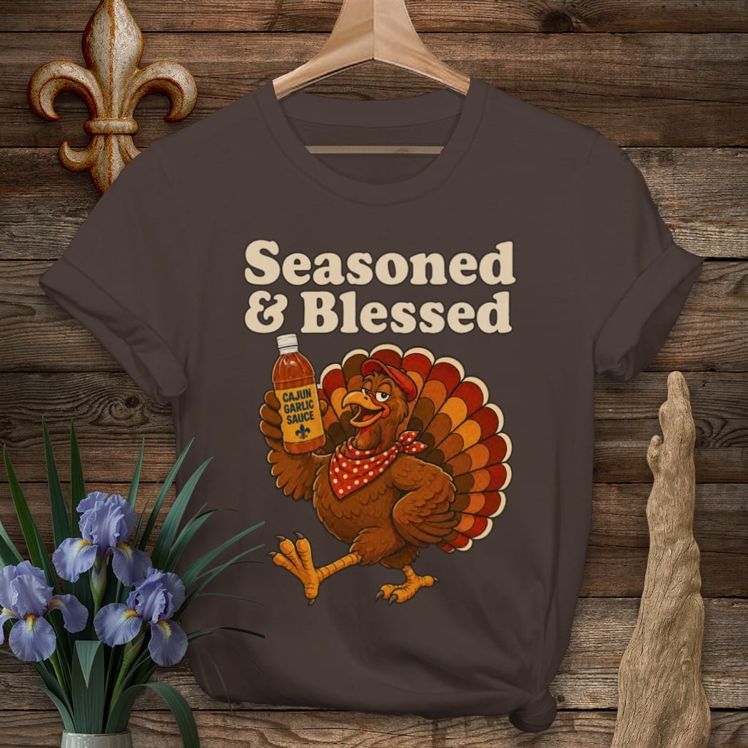 S / Dark Chocolate Louisiana Seasoned & Blessed T-Shirt by Laissez Faire Wear